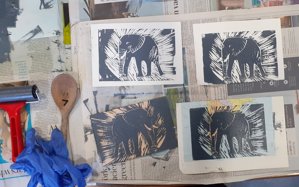 elephant etching with prints of the etching