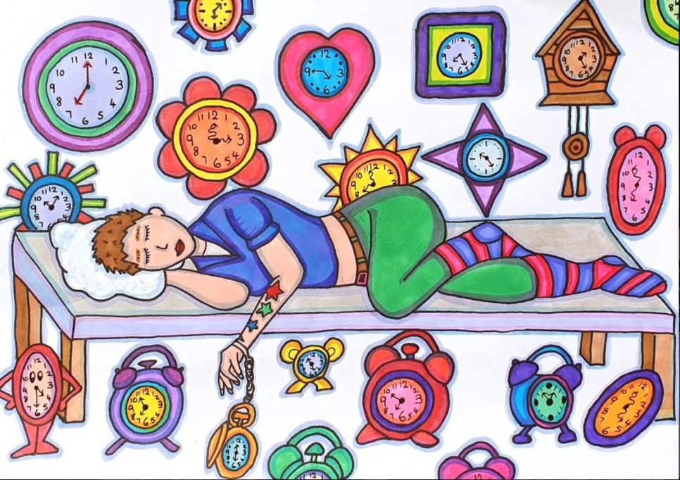 illustration of person laying down surrounded by clocks