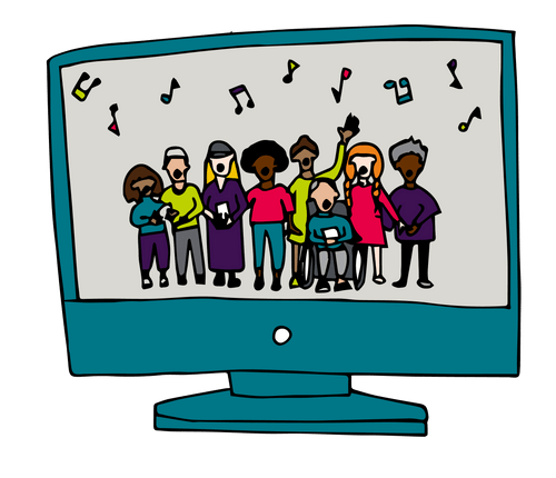 Illustration of a computer monitor with a choir of characters displayed on it appearing to sing. Music notes fill the top of the screen.