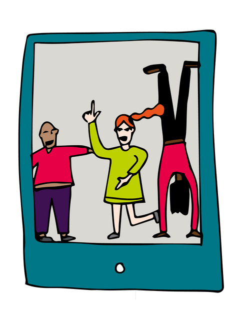 On the screen of an illustrated mobile phone, iIlustrated characters dance in an online dance session.