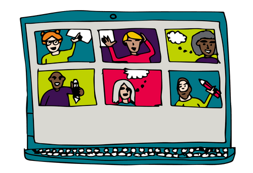 Illustration of a laptop screen with characters in an online workshop. Some are holding pens or pencils or have speech bubbles. 